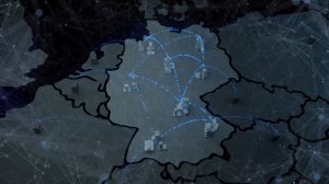 Landkarte von Deutschland und Nachbarländern mit dem Netzwerk an zusammenarbeitenden QuNET-Instituten